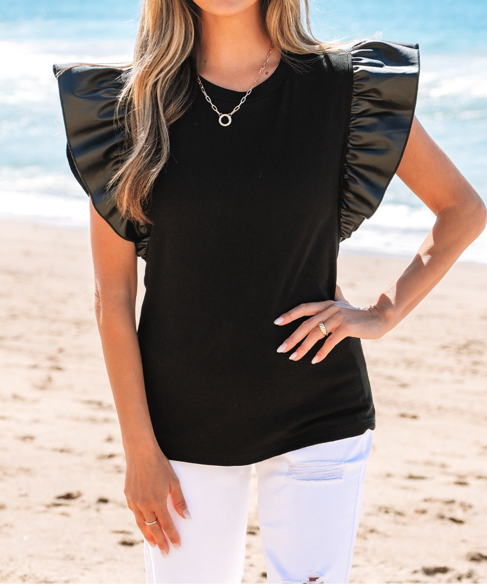 Black Leather Ruffle Sleeve Patchwork Round Neck Blouse