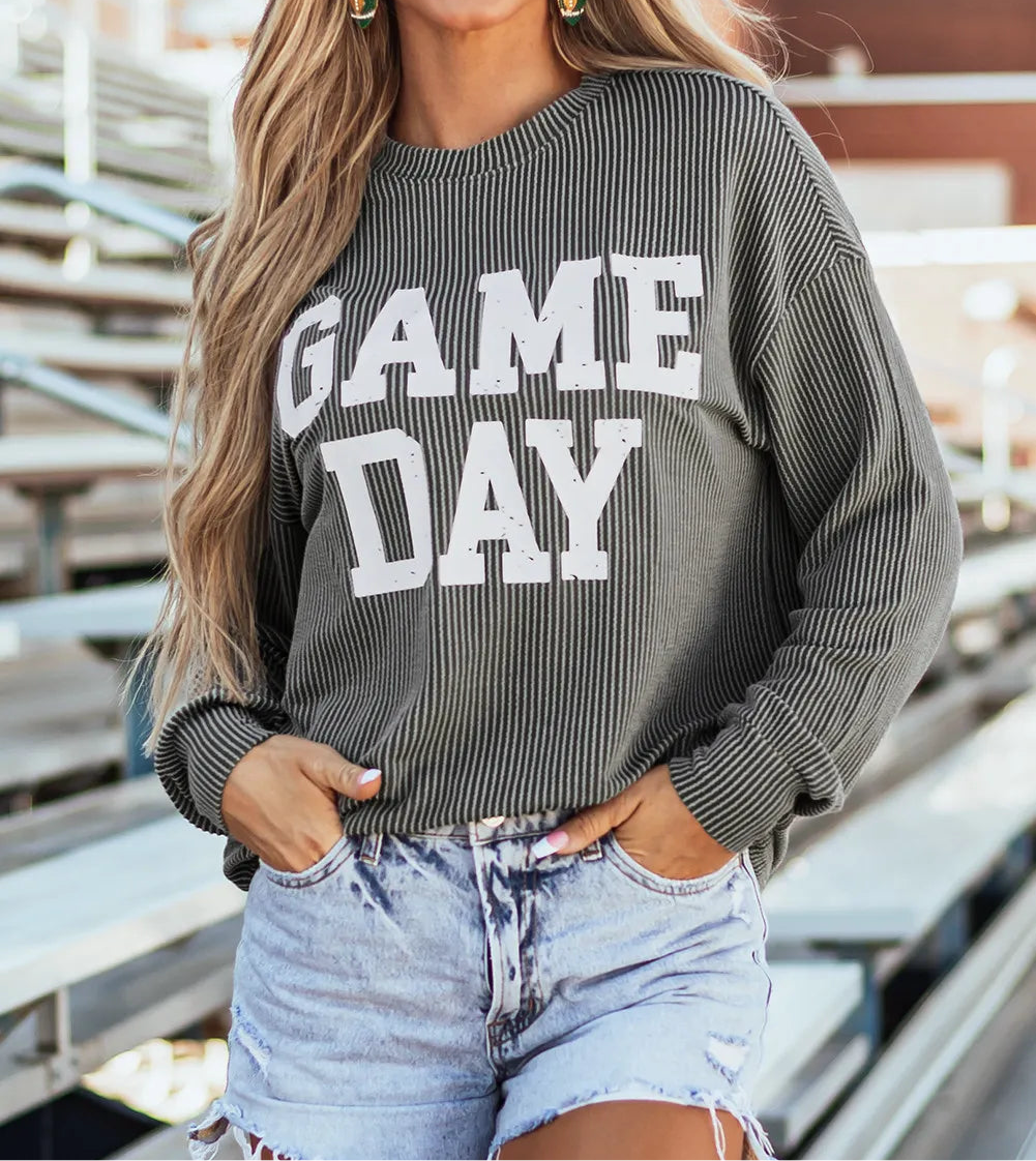 GAME DAY Striped Round Neck Long Sleeve Top