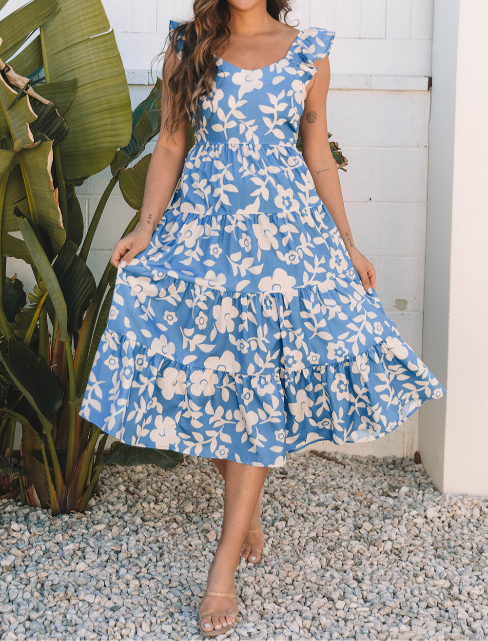 Sky Blue Floral U Neck Flutter Shoulder Tiered Flowy Midi Dress