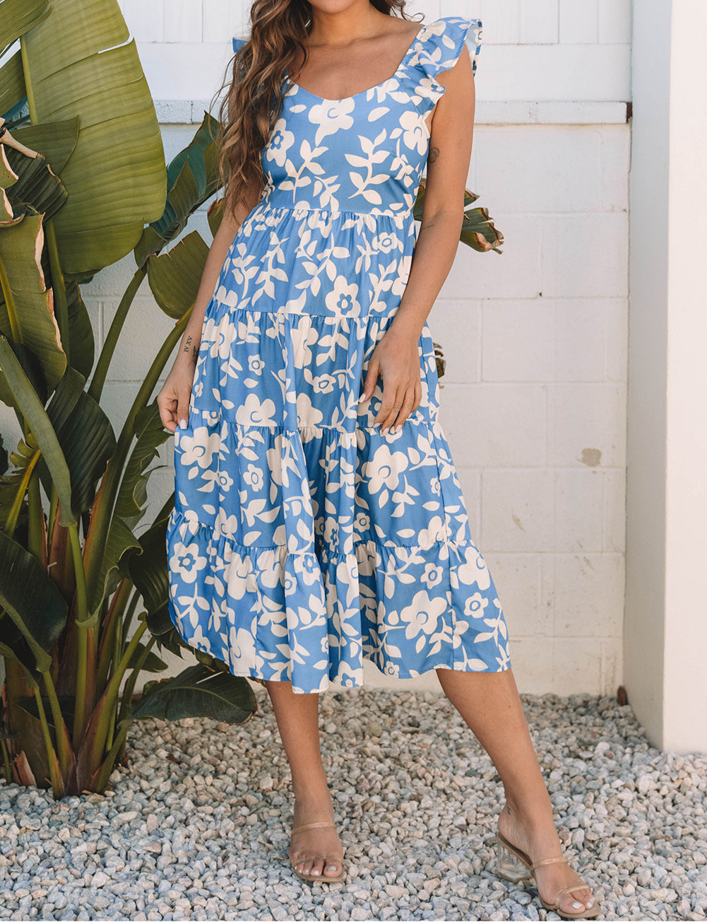 Sky Blue Floral U Neck Flutter Shoulder Tiered Flowy Midi Dress